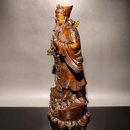 7" Boxwood Wooden Statue modern home decor sculpture God of wealth buddha Mammon