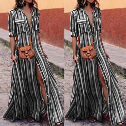 Women's button stripe casual loose long-sleeved shirt dress fashion