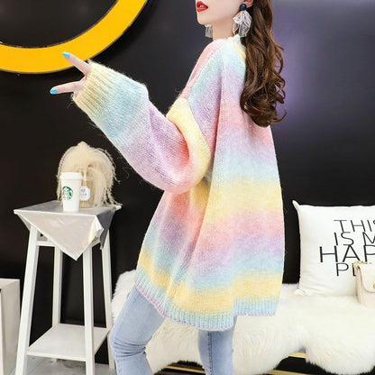 Women Rainbow Sweater Knitted Cotton Pullovers O-Neck Oversize Loose Striped Top