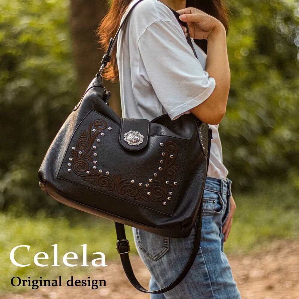 Celela Designer Handbag Women Handbag Bag Embroidered Pattern Studs Hobo Purse