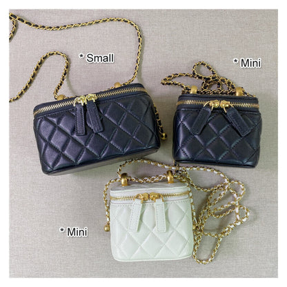 Quilted Lambskin Leather Vanity Case Clutch Pouch Chain Crossbody Box Bag Purse
