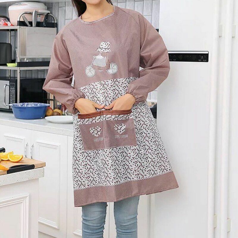 Women Kitchen Apron Long Sleeve Cooking Baking Workwear Bib Polyester 68x46x30cm