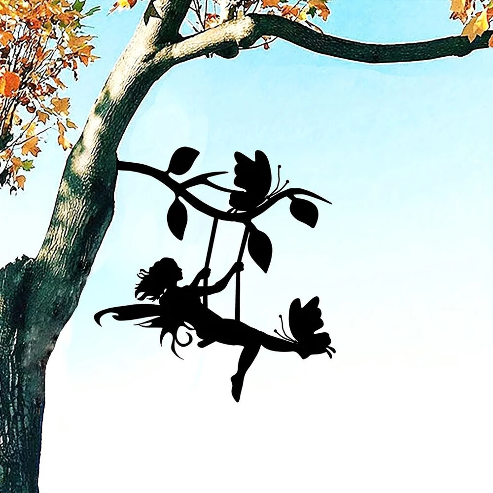 Swing Elf On Branch Steel Silhouette Metal Wall Art Home Garden Yard Patio