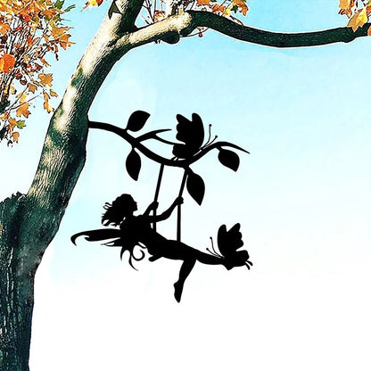 Swing Elf On Branch Steel Silhouette Metal Wall Art Home Garden Yard Patio