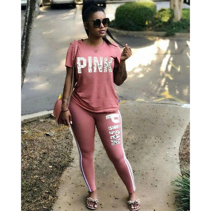 Pink Letter Print 2 Piece Activewear Outfits Jogging Women Fashion Plus Size New
