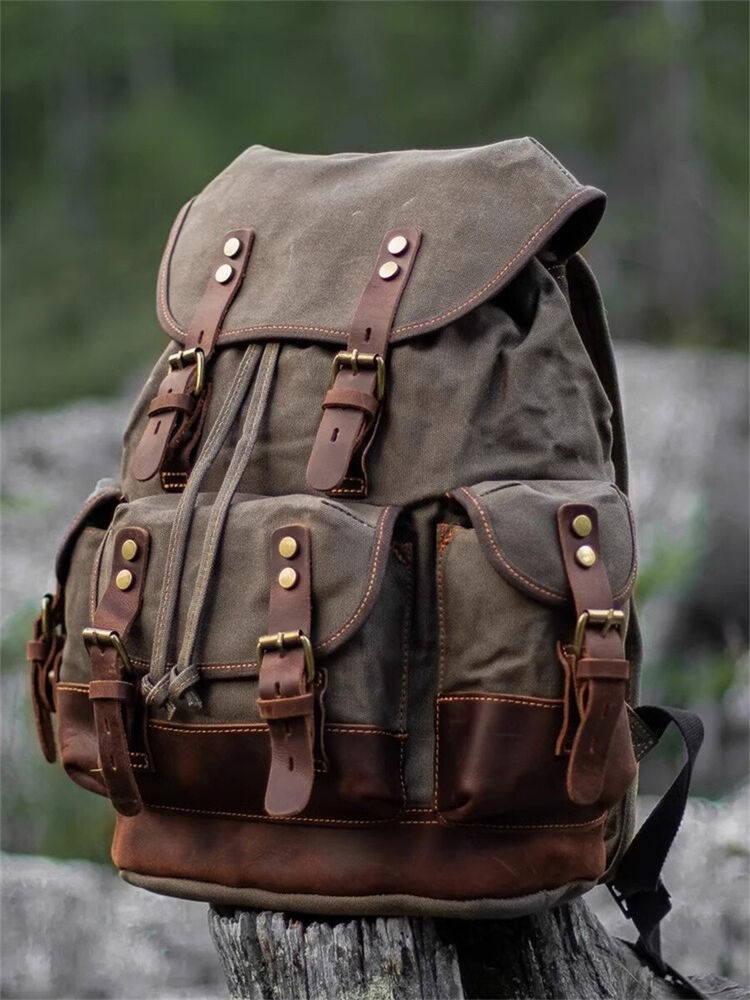 Military Retro Waterproof Oil Wax Canvas Backpack Large Capacity Man's Rucksack