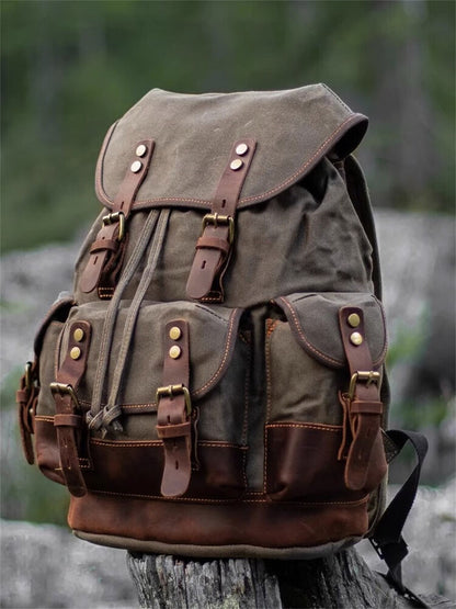 Military Retro Waterproof Oil Wax Canvas Backpack Large Capacity Man's Rucksack