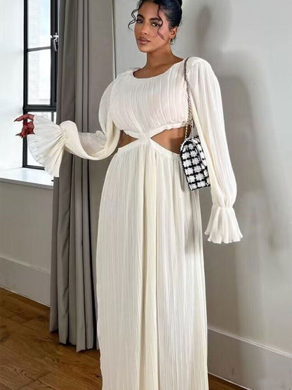 Women French Open Waist Trumpet Sleeve Fold Dress Vintage Female Dresses