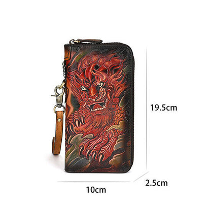 Genuine Leather Carving Crafted Vintage Long Wallet Handheld Bag Clutch Bag Men