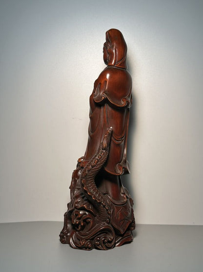 Vintage Chinese Wooden Carving Dragon Kwan Yin Statue Ornaments Wood Sculptures