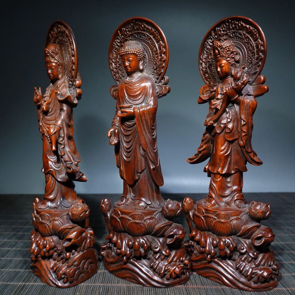 Antique Chinese Boxwood Carving Buddha Statue Wooden Sculptures Decor Collection