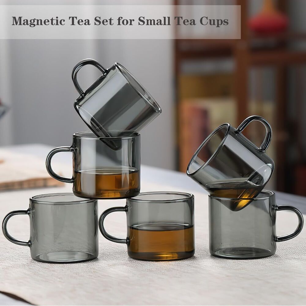 Mini Glass Tea Cups with Wooden Holder Set Chinese Tea Utensil Decor Gift 7 Pcs