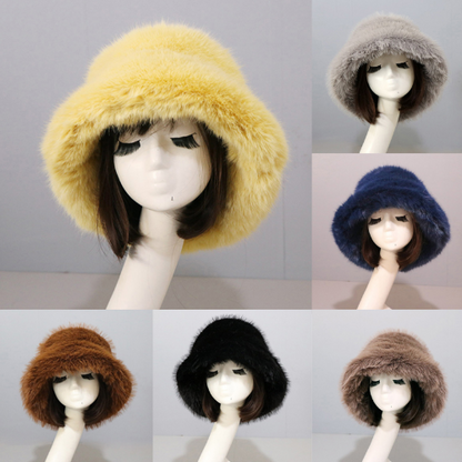 Warm Faux Fur Bucket Hats Women Outdoor Caps Fleece Cap Fluffy Ski Vacation Hat