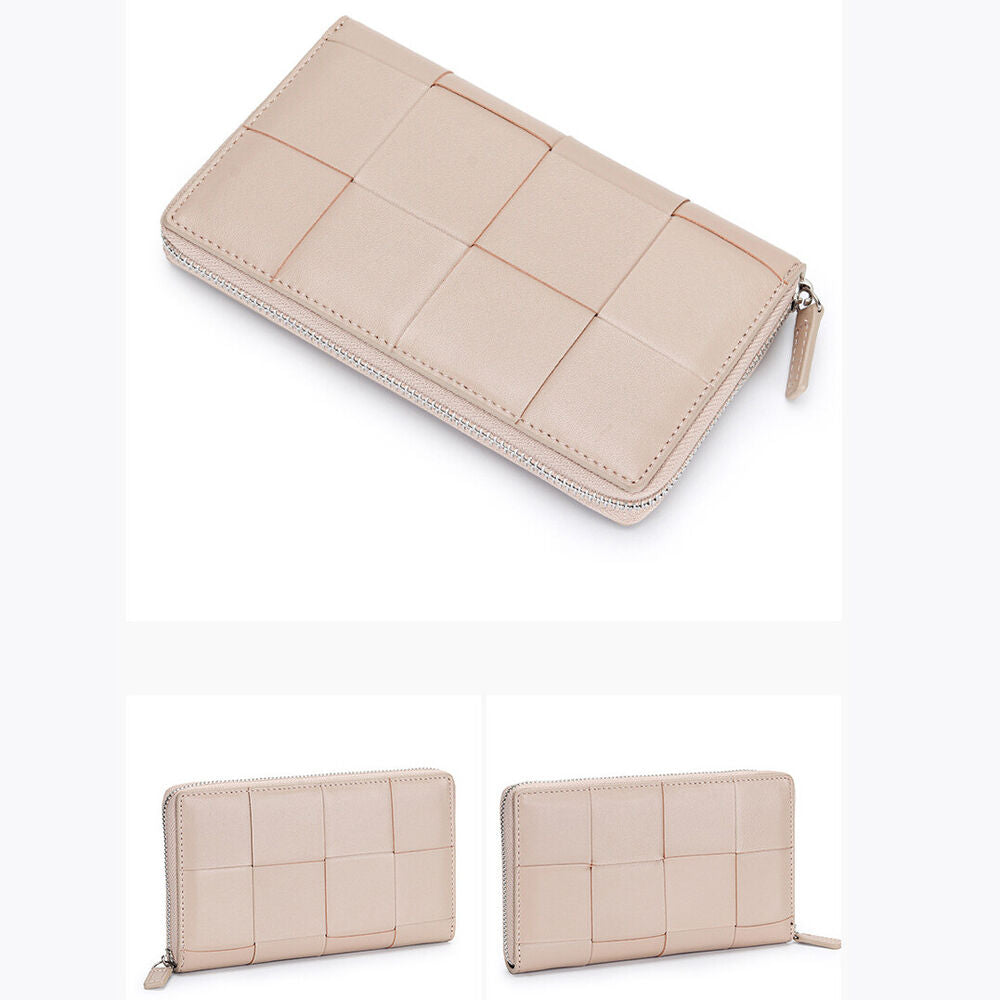 Real Sheepskin Leather Long Wallet Women Weaving Clutch Bag Zipper Phone Holder