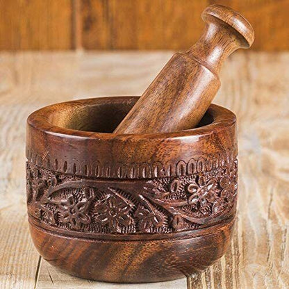 Handmade Natural Wooden Mortar & Pestle Mixing Grinder Set Garlic Press Kitchen