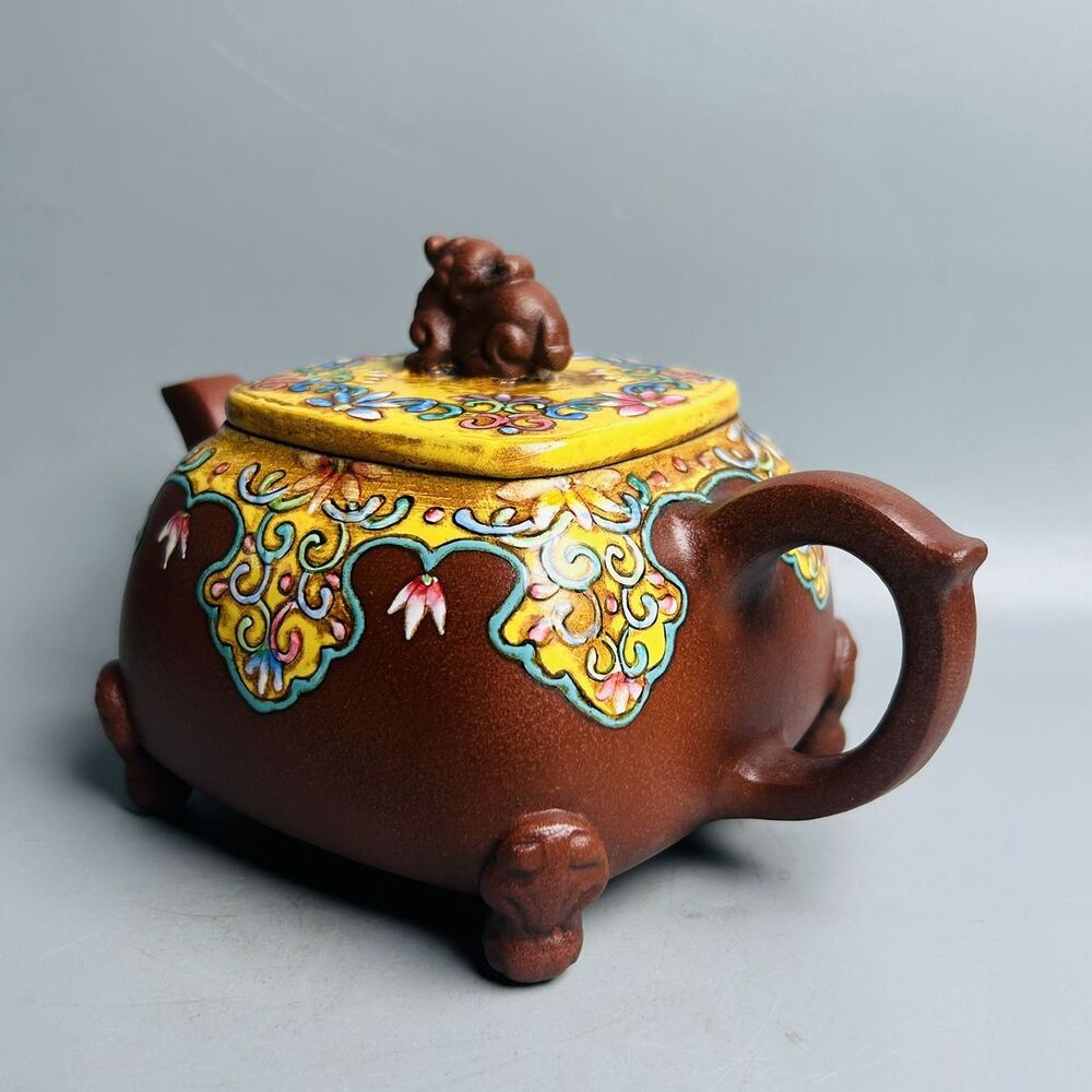 Vintage Chinese Yixing Purple Clay Teapot Zisha Ceremony Enamel Fine Teaware Art