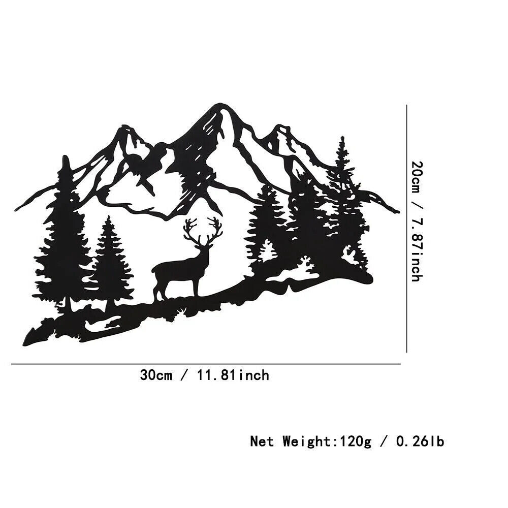 1pc Modern Black Deer & Tree Metal Wall Decor - Animal Mountain Plaque Signs