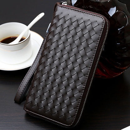 Men's Long Wallet New Designer Weaving Clutch Wallet Microfiber Leather Bag