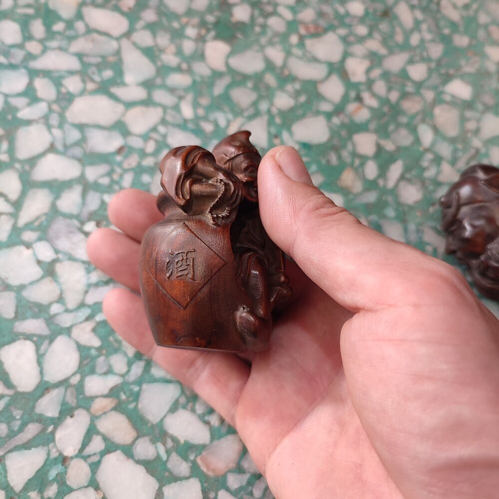 Vintage Wood Wooden Carved Carving Figure Ornament Buddha Statues Funny Wine Jar
