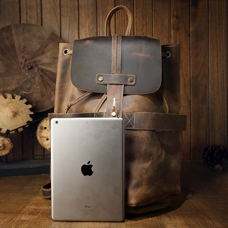 Crazy Horse Leather Drawstring Backpack, Men's Travel Bag, 15.6" Laptop Daypack