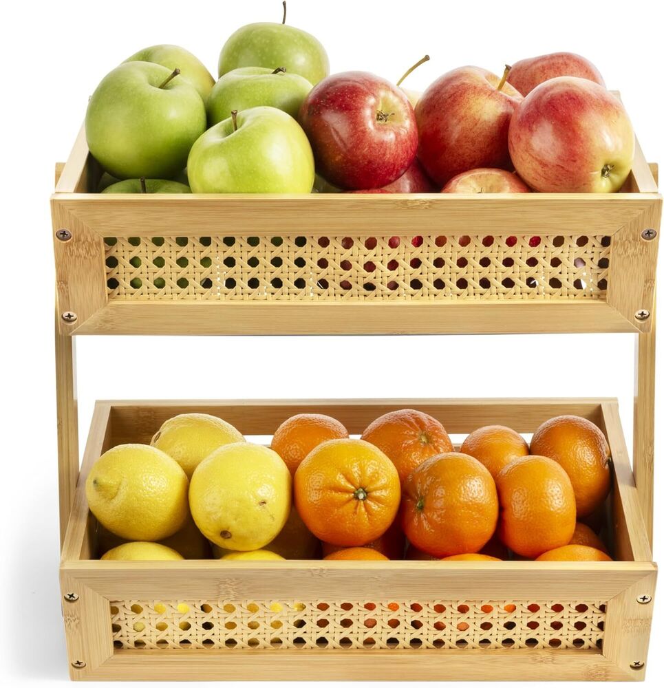 Wooden Rattan Fruit Basket for Kitchen Counter Bamboo 2-Tier Vegetable Storage