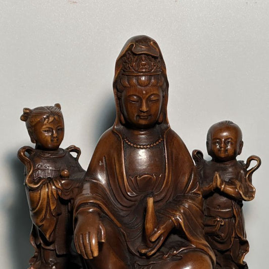 Vintage Chinese Antique Wooden Carved Kwan Yin Children Statue Wood Buddha Decor