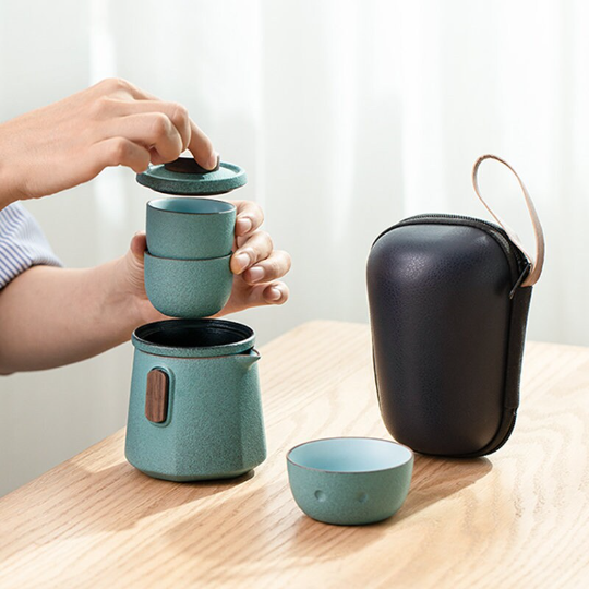 Green Ceramic Tea Cups and Sets Penguin Portable Travel Tea Set