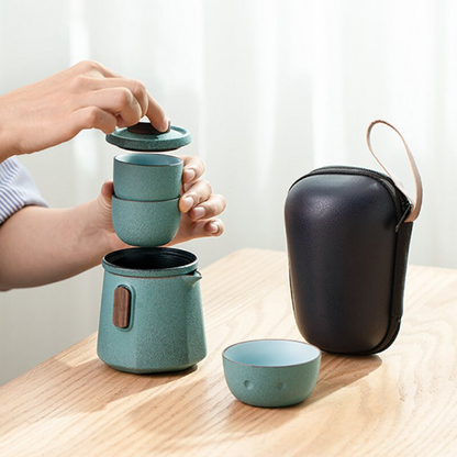 Green Ceramic Tea Cups and Sets Penguin Portable Travel Tea Set