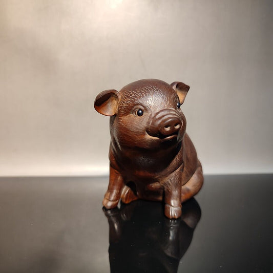 Carved Wood Wooden Lovely Pig Statue Pet Mini Gift Boxwood Room Home Decor Cute