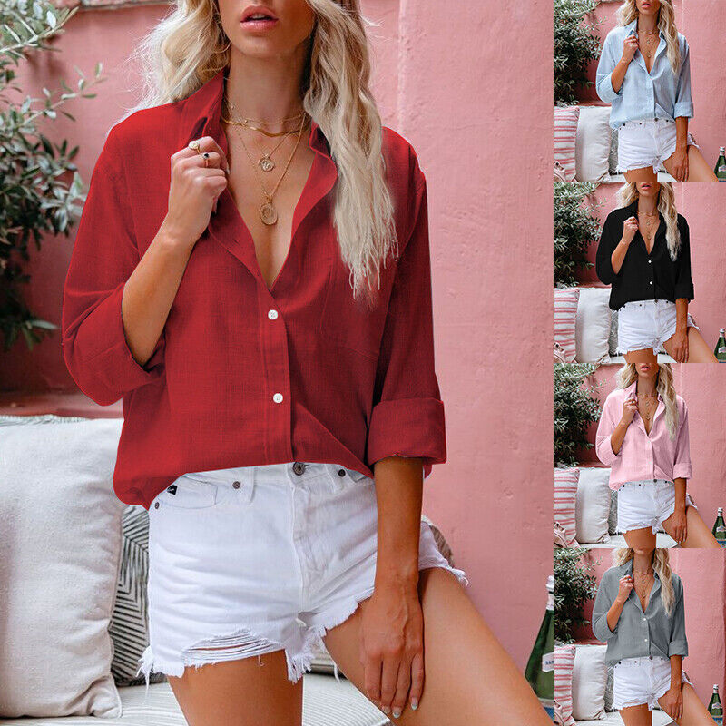 Womens Baggy Cotton Linen Shirts Button Up V Neck Tops Ladies Long Sleeve Blouse