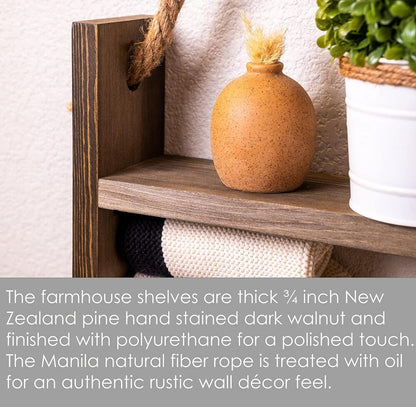 Wooden Rustic Bathroom Floating Rope Shelf Organizer Towel Rack Home Decoration