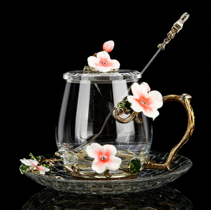 Enamel color water cup set with lid spoon crystal glass coffee cup tea cup
