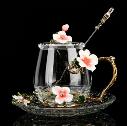 Enamel color water cup set with lid spoon crystal glass coffee cup tea cup