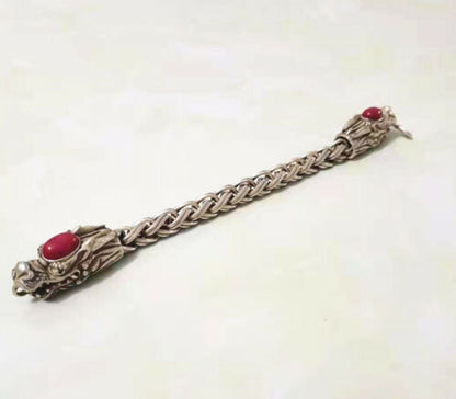 Collectible Ruby Tibet Silver Bangle Handwork Auspicious Dragon Bracelet