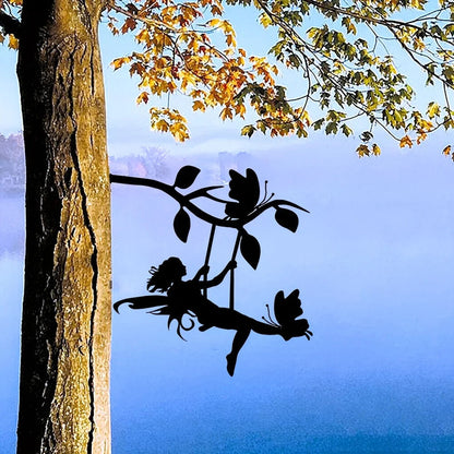 Swing Elf On Branch Steel Silhouette Metal Wall Art Home Garden Yard Patio