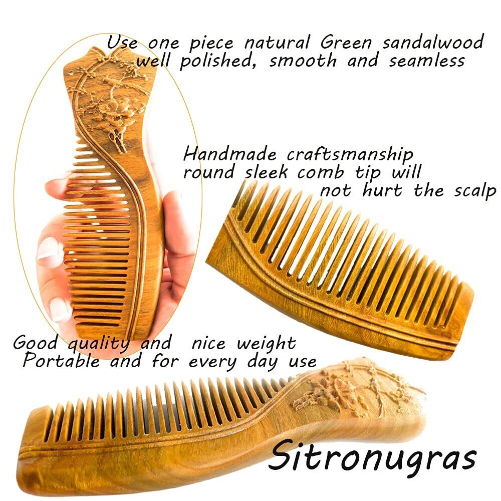Handmade Carved Green Sandalwood Hair Comb Anti-Static No Snag Gift for Women