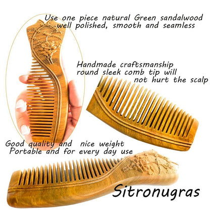 Handmade Carved Green Sandalwood Hair Comb Anti-Static No Snag Gift for Women