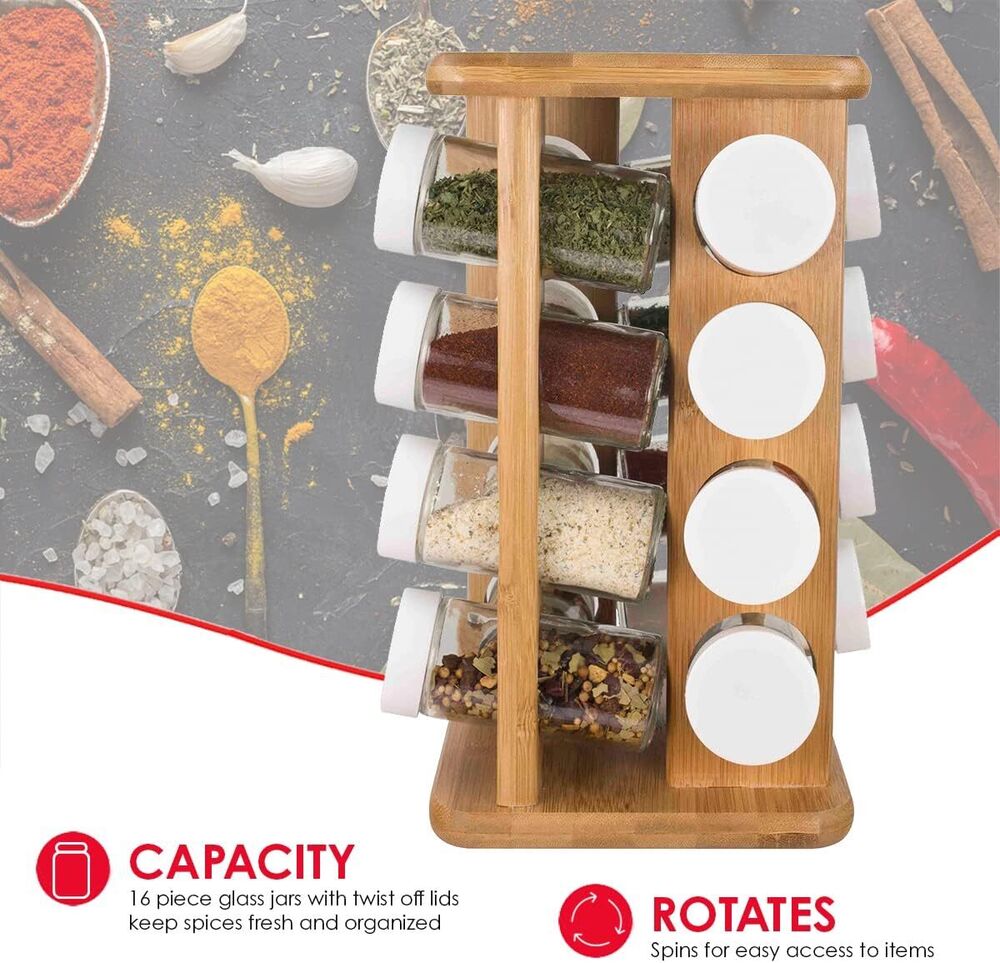 Wooden Revolving Spice Rack Bamboo Organizer Storage Kitchen Decoration 16 Slots