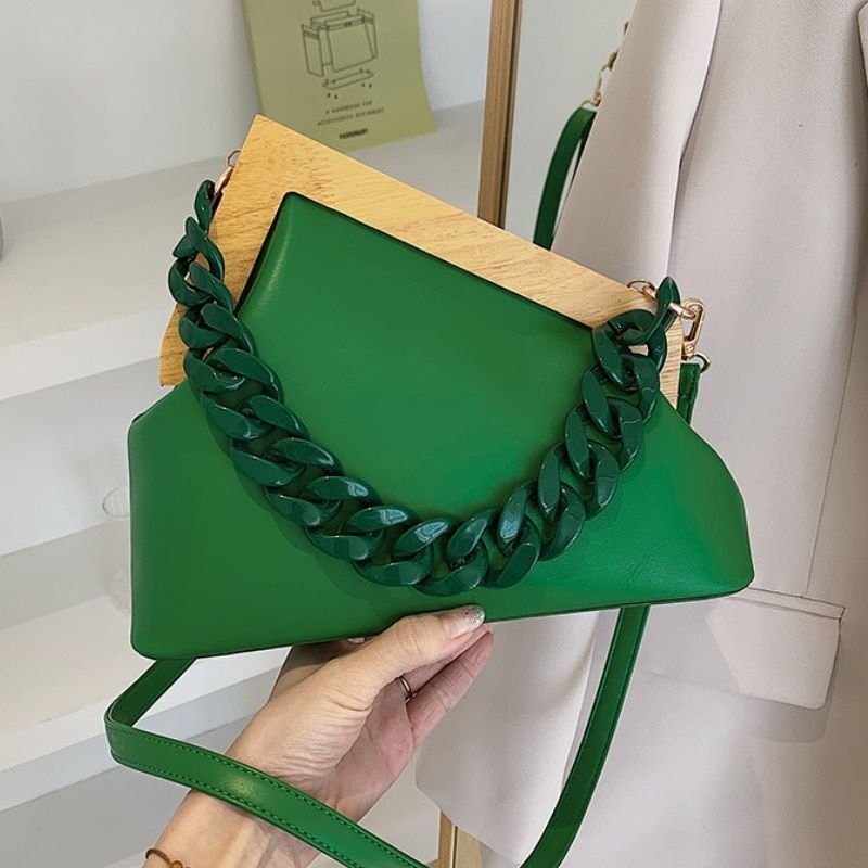 Handbag Thick Chain Triangle Design Leather Crossbody Bag Wooden Handle Purses