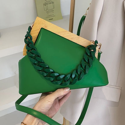 Handbag Thick Chain Triangle Design Leather Crossbody Bag Wooden Handle Purses
