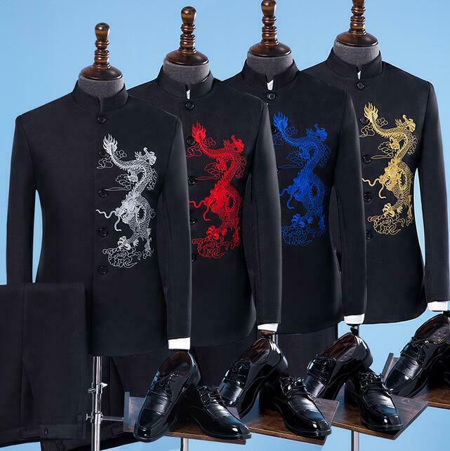 New Mens Chinese Embroidered Stand Collar Suit Slim Fit Jacket Pants Coat 2 Pcs