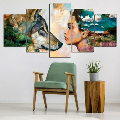 Abstract Psychedelic Girl Wolf 5 Piece Canvas Print Wall Art Home Decor Cuadros