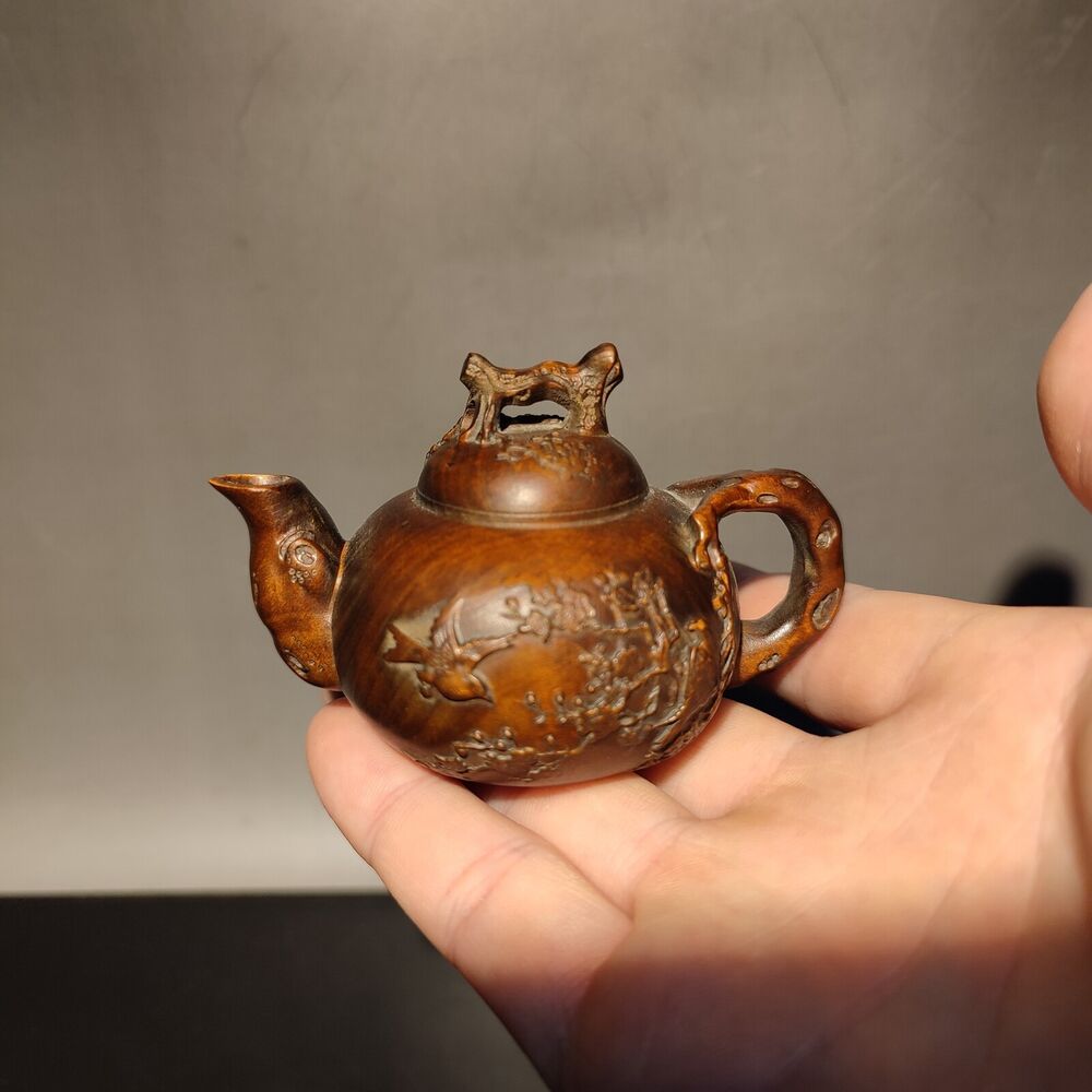 Chinese Antique Boxwood Carved Magpie Teapot Statue hobbies interests mahjong