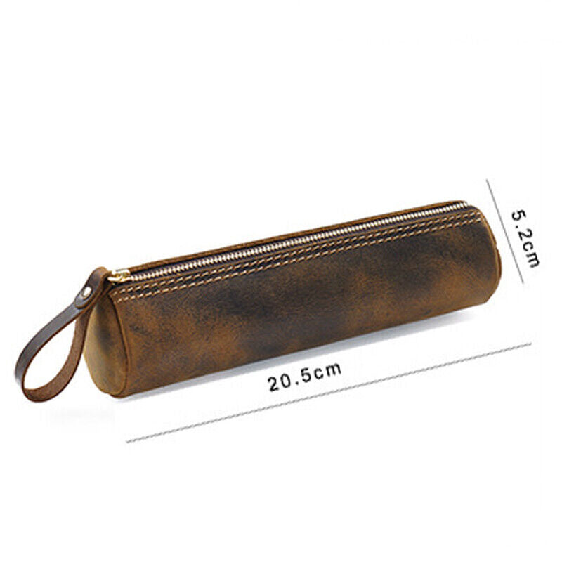 Handmade Cowhide Leather Pen Pouch Zipper Pencil Case Stationery Storage Pen Bag