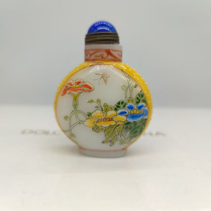 Chinese Peking Glass Snuff Bottle Painted Bird Flower Signed Love Yellow Box Art