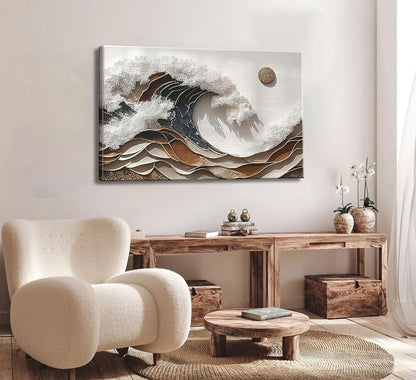 Abstract Ocean Wave Canvas Wall Art Boho Coastal Beach Poster 3D Prints Framed
