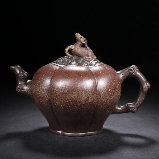 Vintage Chinese Yixing Purple Clay Teapot Zisha Ceremony Carved Deer Tea Set Art