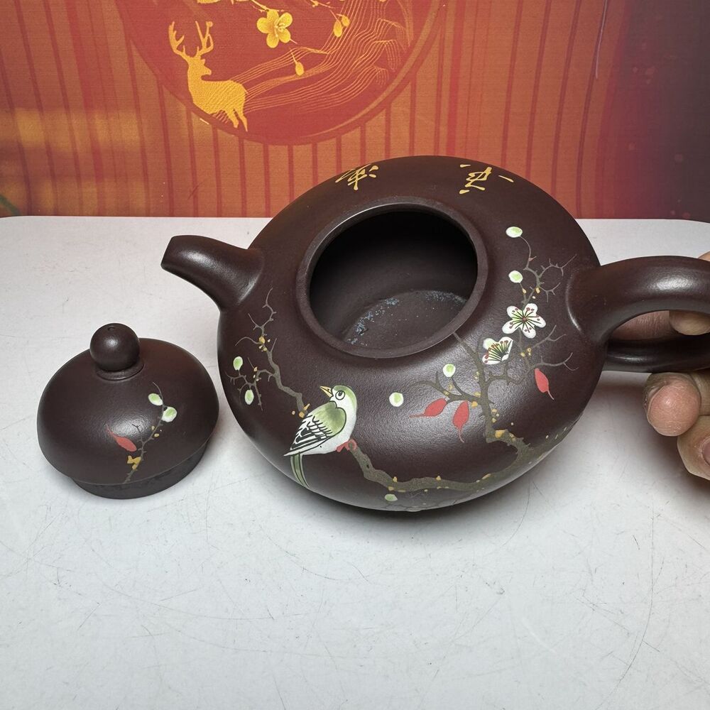 Chinese Yixing Purple Clay Teapot Zisha Ceramic Painted Fine Flower Bird Teaware