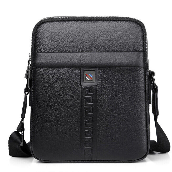 100% Genuine Leather Men's Double Zipper Sling Shoulder Messenger Bag Crossbody