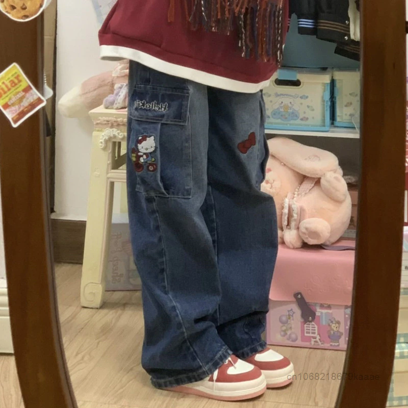 Hello Kitty Y2K Wide Leg Jeans Embroidered Workwear Wide Leg Pants